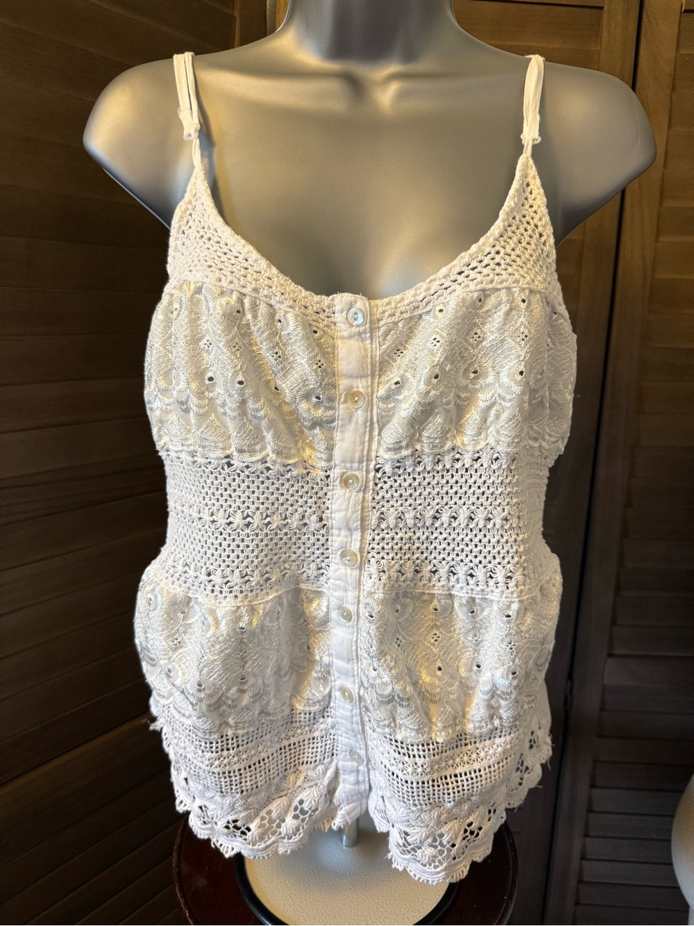 White Crochet spaghetti strap. Y2K BoHo, coquette, eyelet lace, baby doll